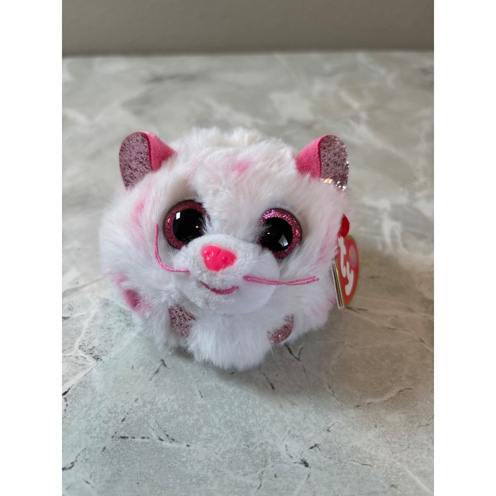 Ty Puffies Tabor White Pink Tiger Plush Round Stuffed Animal Toy 3 inch NWT